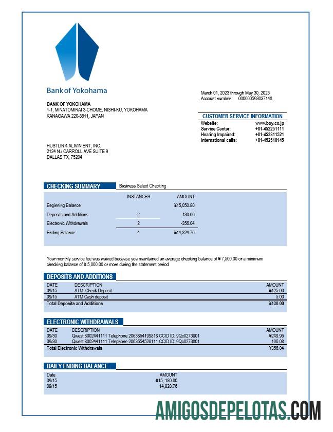 Em branco Bank Of Yokohama Company Extrato de conta corrente modelo Word e PDF
